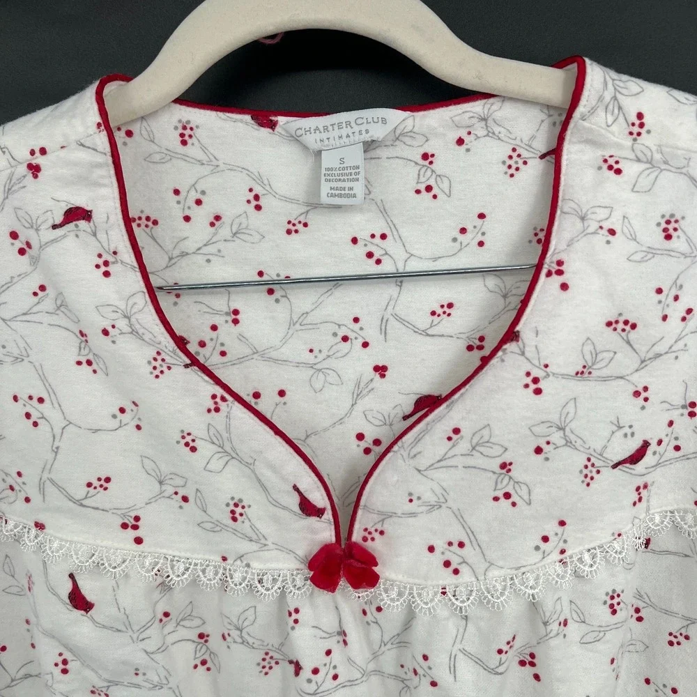 Charter Club 100% cotton flannel nightgown cardinal birds white cozy grandmacore
